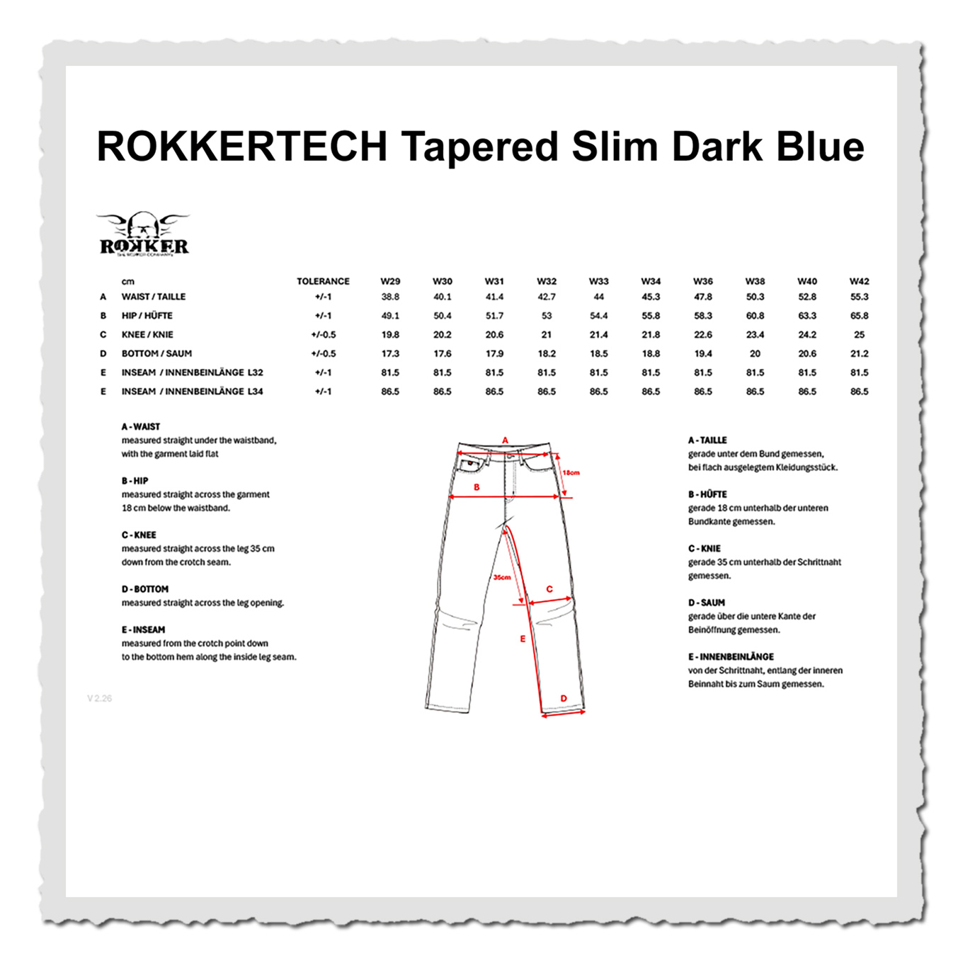 Größenübersicht zur Jeans mit zweisprachigen Erklärungen und schematischer Zeichnung auf weißem Grund.